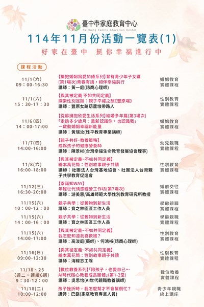 臺中市家庭教育中心11月份活動一覽表1